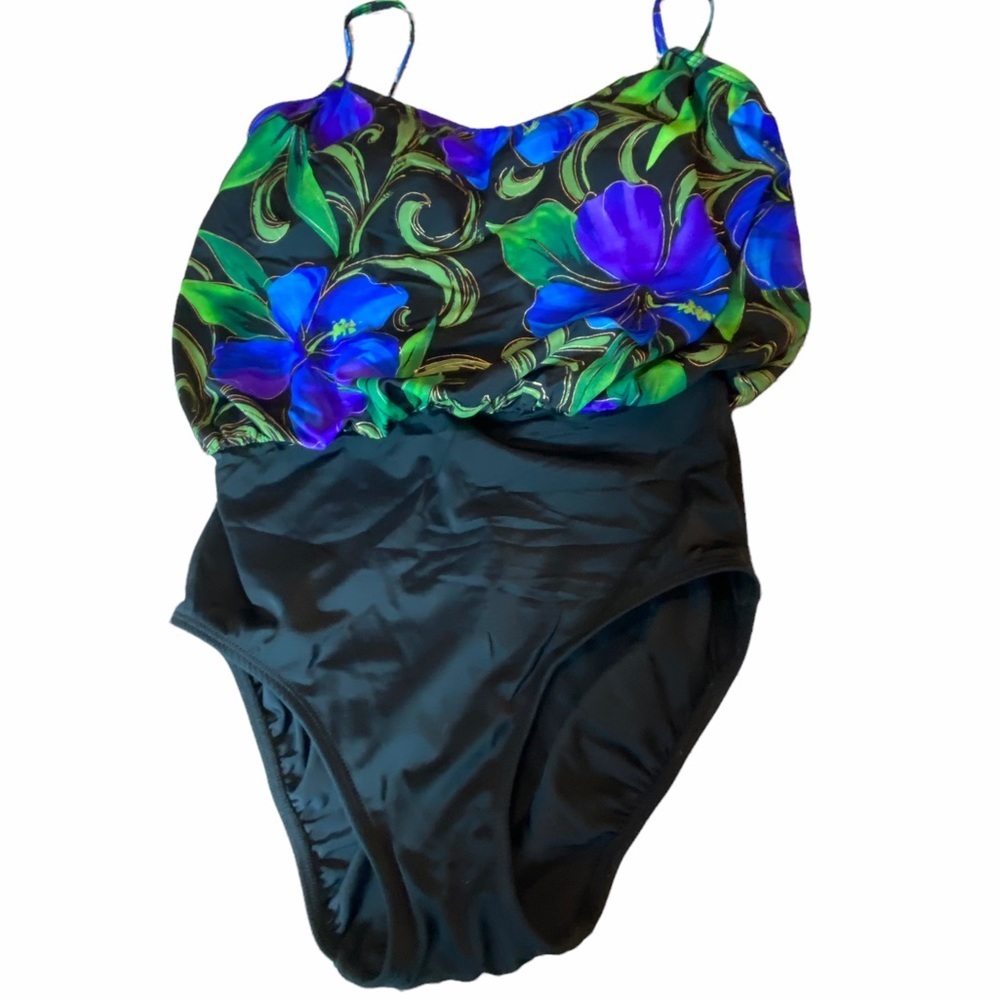 Robby Len Swim Fashions One Piece Swimsuit Blue Floral Sz 12